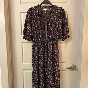 Max Studio Womens Floral Keyhole Puff Sleeve Tiered Maxi Dress Boho Navy Size L